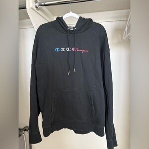 *SOLD* Champion Black Hoodie with Multicolor Logo. Size XL.